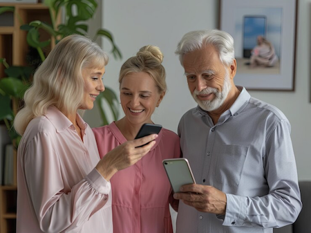 Two elderly parents looking at the smartphones while smiling with their daughter between them